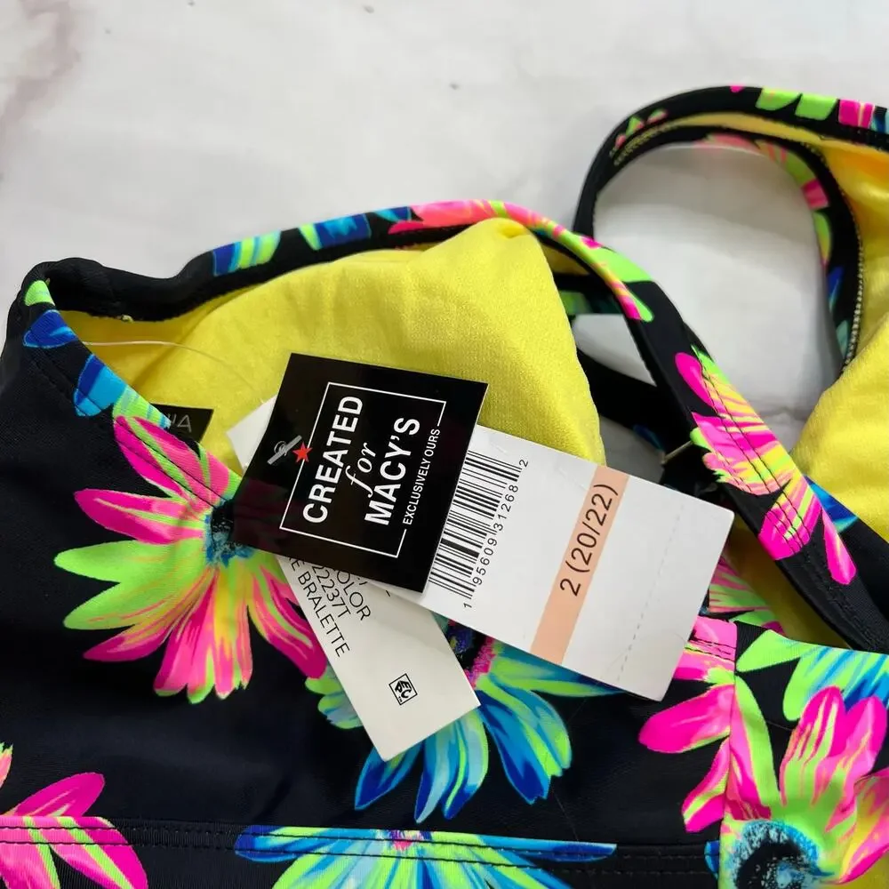 California Waves Plus Gerber Daisy Bikini Top Black Neon Size 2 (20/22) New V